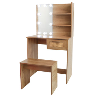 Vanity Desk Set Stool & Dressing Table with LED Lighting Mirror Drawer and Compartments Modern Wood Cosmetic Table Chest of Drawers Nature Color