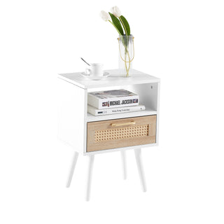 15.75" Rattan End table with  drawer and solid wood legs, Modern nightstand, side table for living room, bedroom, white