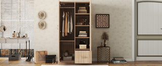 Wooden Wardrobe with Double Doors, Armoire with Hanging Rod, 5 Fixed Shelves, One Storage Drawer,Natural