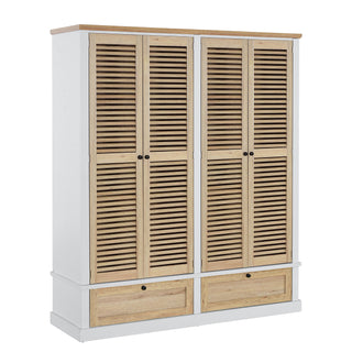 4 Shutter Door Wardrobe Armoire Closet with 2 Drawers, Natural and White