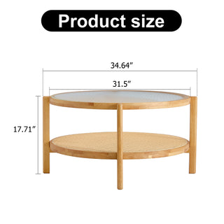 Modern simple circular double-layer solid wood tea table rattan woven Chinese side table small round table suitable for living room, dining room and bedroom