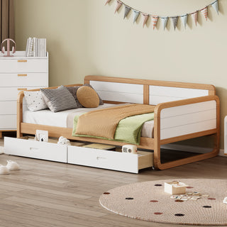 Twin Size Solid Wood Daybed with 2 Storage Drawers for Limited Space Kids, Teens, Adults, No Need Box Spring, Walnut and White