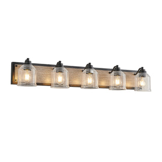 Farmhouse Vanity Light Fixture, 5-Light Bathroom Wall Sconce with Clear Seeded Glass Shades, Rustic Black Finish with Wood Backplate, Modern Industrial Design for Bathroom or Powder Room (No Bulbs)