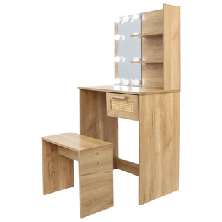 Vanity Desk Set Stool & Dressing Table with LED Lighting Mirror Drawer and Compartments Modern Wood Cosmetic Table Chest of Drawers Nature Color