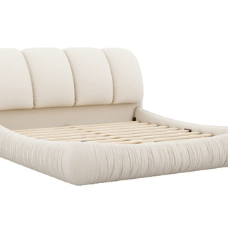 Queen Size Luxury Upholstered Bed with Thick Headboard, Velvet Queen Bed with Oversized Padded Backrest, Beige