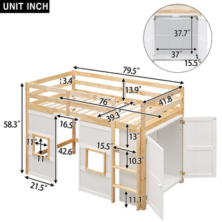 Wood Twin Size Loft Bed with Built-in Storage Wardrobe and 2 Windows, Natural/White