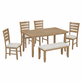 TREXM Dining Room Table and Chairs with Bench, Rustic Wood Dining Set, Set of 6 (Natural Wood Wash)