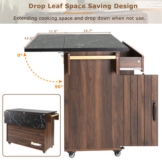 K&K Kitchen Island with Trash Can Storage Cabinet, Drop Leaf, Spice Rack, Towel Rack, Drawer, Rolling Kitchen Cart on Wheels with Adjustable Shelf, Walnut Brown