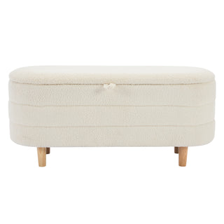 Elegant Upholstered Sherpa Fabric  Storage Ottoman with Wood Legs, Storage Bench for Bedroom, Living Room, White