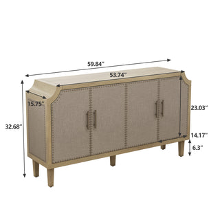 59.84"Retro Industrial Style Rivet Decor 4-Door Cabinet, Linen Decorated Doors, for Bedroom, Living Room, Office, Easy to Assemble