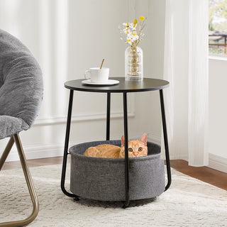 Modern Round Side Table with Fabric Basket, Black & Grey Steel Frame - Perfect for Living Room or Bedroom