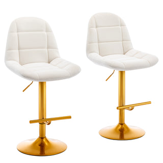 Velvet Swive Bar Stools Set of 2 Adjustable Counter Height Bar Chairs with Back Gold Base Modern Stool Chair for Kitchen Island Dining Room, White