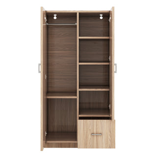 Wooden Wardrobe with Double Doors, Armoire with Hanging Rod, 5 Fixed Shelves, One Storage Drawer,Natural