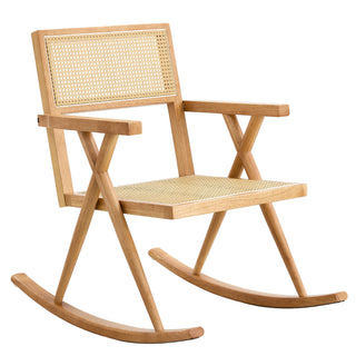 Solid Wood and Imitation Rattan Rocking Chair for Indoor and Outdoor Relaxation, Perfect for Balconies, Gardens, and Camping Sites