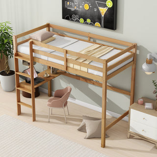 
Twin High Loft Bed, Rubber Wood with Safety Guardrail, Built-in Desk and Ladder, White Oak
