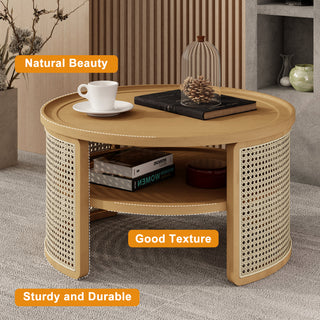 2-Tiered Round Natural Wood Coffee Table with Storage Rattan Base in 31.3''