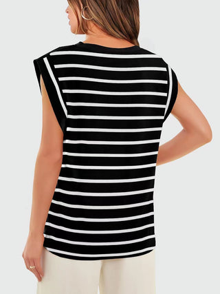 Striped Round Neck Cap Sleeve T-Shirt for Women