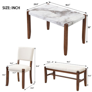 4-Piece Modern Dining Furniture Set, Space-Saving 4-Person Dinette for Kitchen, 46" Faux Marble Style Table with 2 Upholstered Chairs and Bench with Wood Legs
