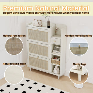 Natural Bohemia Style Shoe Cabinet, Shoe Rack Cabinet with 3 Rattan Flip Drawers, 3 Square Shelves, 1 Storage Drawer, Multi-Storage Space and Hooks for Hallway, Entryway, White