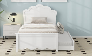 Twin Size Wood Platform Bed with Headboard and Twin Size Trundle, White