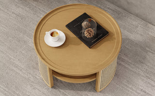 2-Tiered Round Natural Wood Coffee Table with Storage Rattan Base in 31.3''