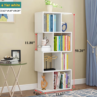 DFW 4-Tier Storage Shelf S-Shaped Bookcase – Multifunctional Wooden Display Rack, Free Standing Industrial Storage for Living Room, Bedroom, Office (White)