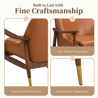 29.2'' Mid-Century Faux Leather Accent Chair with Cushioned Seat, Solid Wood Frame, and Brass-Tipped Legs – Ideal for Living Room, Bedroom, or Office Lounge