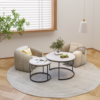 Nesting Coffee Table Set of 2, 27.6inch Round Coffee Table Wood Marble Pattern Top with Sturdy Metal Frame, End Table Side Tables for Living Room Bedroom Balcony Yard (White)