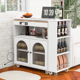 K&K Rolling Kitchen Island With Extended Table, Kitchen island on Wheels with LED Lights,Power Outlets and 2 Fluted Glass Doors, Kitchen Island with a Storage Compartment and Side 3 Open Shelves,White