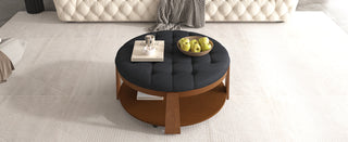 Modern Large Round Ottoman Coffee Table 2-Tier Oversized Button Tufted Ottoman with Wood Shelf Storage Upholstered Coffee Table for Living Room Footrest Ottoman with wheel, waterproof Linen