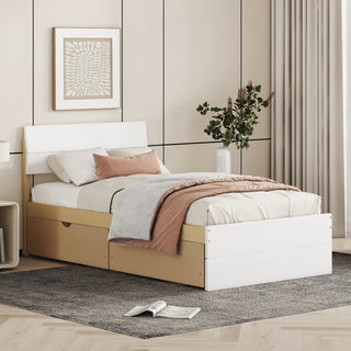 Modern Twin Bed Frame With 2 Drawers For White High Gloss Headboard and Footboard With Light Oak Color