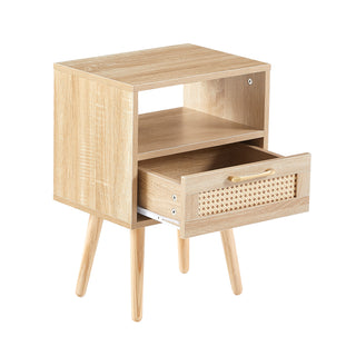 15.75" Rattan End table with  drawer and solid wood legs, Modern nightstand, side table for living room, bedroom,natural