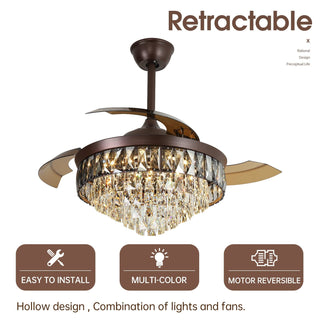 42 Inch Retractable Ceiling Fan Chandelier with Lights and Remote Control, 6 Speed, 3 Changeable LED Lights, Crystal Modern Ceiling Fan for Bedroom, Living Room, Indoor Use