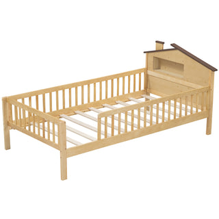 Twin Size Wood Platform Bed with House-shaped Headboard, LED and Built-in Storage, Natural