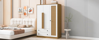 
3-Doors Wooden Rattan Wardrobe Storage for Bedroom,with 2 Drawers,White+Nature
