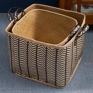 Square Palm Leaf Woven Wicker Storage Basket with Handles – Set of 2 (14" x 14" x 15" and 16" x 16" x 17") – Black and Brown – For Clothes, Books, Picnic, and Home Decoration