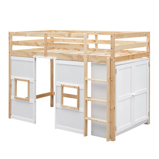 Wood Twin Size Loft Bed with Built-in Storage Wardrobe and 2 Windows, Natural/White