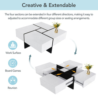 On-Trend Unique Design Coffee Table with 4 Hidden Storage Compartments, Square Cocktail Table with Extendable Sliding Tabletop, UV High-Gloss Finish, Center Table for Living Room, 31.5" x 31.5"