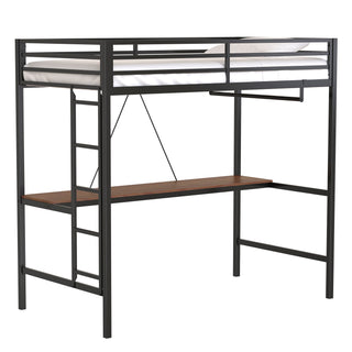 Adam Sturdy Twin Loft Bed - Black Frame with Cinnamon Wood Desk & Closet Rod, Space-Saving Loft Bed for Adults & Kids