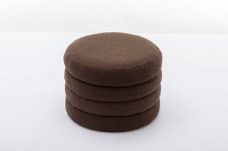 007-Boucle Fabric Storage Round Ottoman Footstool With Wooden Shelving,Brown