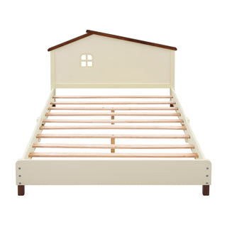 Full Size Wood Platform Bed with House-shaped Headboard  (Cream+Walnut)