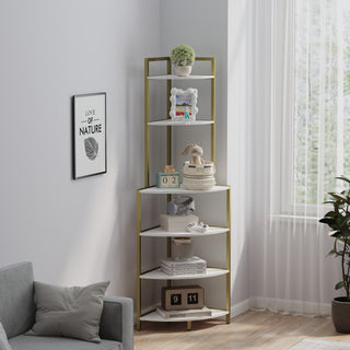 6-Tier Corner Open Shelf Modern Bookcase Wood Rack Freestanding Shelving Unit – Sturdy Space-Saving Stand for Living Room, Home Office, Kitchen, and Small Spaces