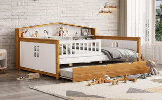 Full Size House Shape Daybed with Trundle & Bookcase Headboard – Wooden Bed with Safety Guardrails, No Box Spring Needed, Walnut & White for Girls, Boys, Teens