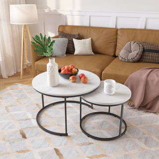 Nesting Coffee Table Set of 2, 27.6inch Round Coffee Table Wood Marble Pattern Top with Sturdy Metal Frame, End Table Side Tables for Living Room Bedroom Balcony Yard (White)