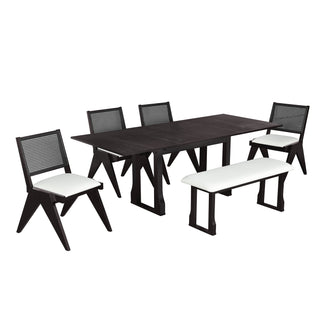 TOPMAX Modern 6-Piece 82.7-Inch Extendable Dining Table Set – Includes 4 Wicker Back Upholstered Dining Chairs, Long Bench, Two 11.8-Inch Removable Leaves, Espresso Finish