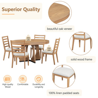 TREXM 5-Piece Retro Rustic Functional Dining Set – 1 Extendable Table with 16-Inch Leaf and 4 Upholstered Chairs, Unique Geometric Design, Ideal for Dining Room and Kitchen (Natural)