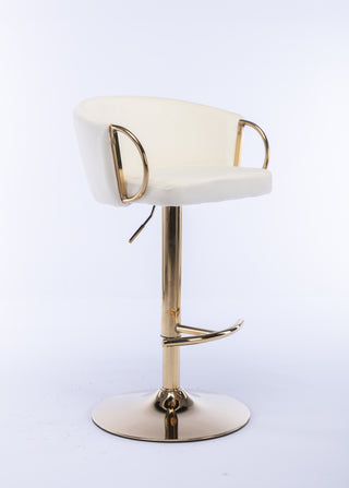 Set of 2 luxurious Ivory Velvet Bar Stools with Gold Legs, Chrome Footrest, Swivel & Adjustable Height