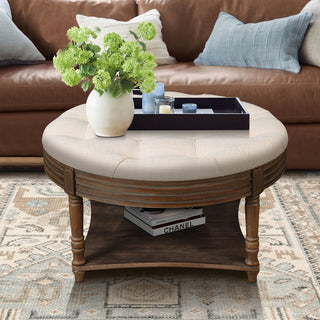 Large Round Waterproof Ottoman Coffee Table – 2-Tier Button Tufted Ottoman with Wooden Shelf Storage, Farmhouse Upholstered Living Room Footstool, Beige White Linen