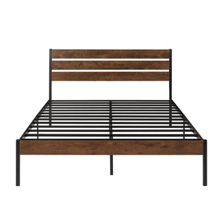 Queen Size Bed Frame with Wood Headboard, Metal Frame with Strong Slats, Noise Free,No Box Spring Needed-Brown