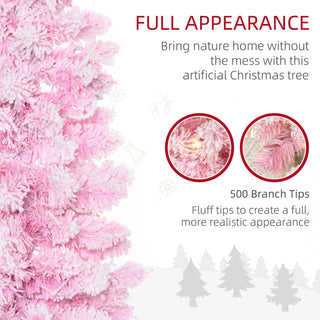 HOMCOM 6ft Prelit Snow Flocked Artificial Christmas Tree with Pencil Shape, Pine Realistic Branches, Warm White LED lights, Auto Open, Pink and White